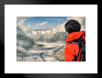 Lone Climber Looking over Aletsch Glacier Photo Matted Framed Art Print Wall Decor 26x20 inch