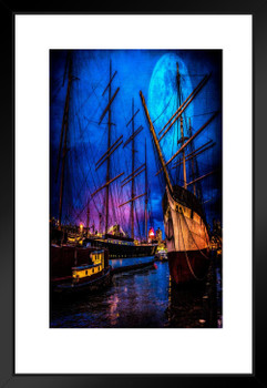 Seaport Boats After Dusk Full Moon Photo Poster by Chris Lord Nature Sailing Ships In Port Moonlight Photograph Matted Framed Art Wall Decor 20x26