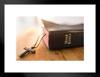 Bible and Cross Crucifix Lying on Table Matted Framed Art Print Wall Decor 26x20 inch