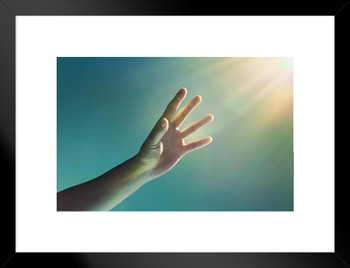 Hand Reaching Towards Glowing Light Heavens Photo Matted Framed Art Print Wall Decor 26x20 inch