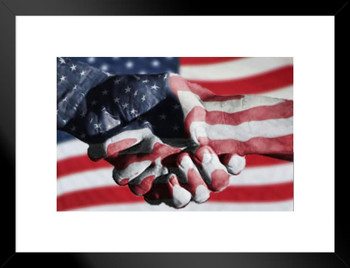 Handshake Melded With American Flag Inspirational Photo Matted Framed Art Print Wall Decor 26x20 inch