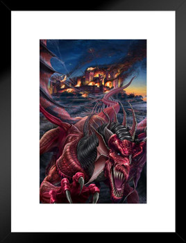 Dragons Night Fire Burning Castle By Tom Wood Fantasy Poster Fierce Red Dragon Breathing Fire Matted Framed Art Wall Decor 20x26