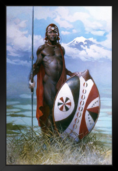 Masai Warrior by Frank Frazetta Wall Art Africa Warrior Decor Frank Frazetta Artwork Tribesman Art Prints Battle Posters Frazetta Illustration Spear Matted Framed Art Wall Decor 20x26