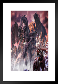 Black Dragon of the North by Tom Wood Fantasy Poster Fierce Horned Dragon Fighting Soldiers Battle Matted Framed Art Wall Decor 20x26