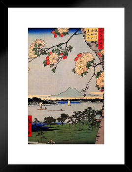 Utagawa Hiroshige Suijin Shrine and Massaki Poster Colorful Nature on the Sumidagawa River Japanese Woodblock Artwork Matted Framed Art Wall Decor 20x26