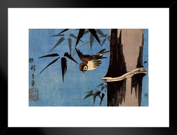 Utagawa Hiroshige Sparrow And Bamboo Japanese Art Poster Traditional Japanese Wall Decor Hiroshige Woodblock Landscape Artwork Animal Nature Asian Print Decor Matted Framed Art Wall Decor 26x20