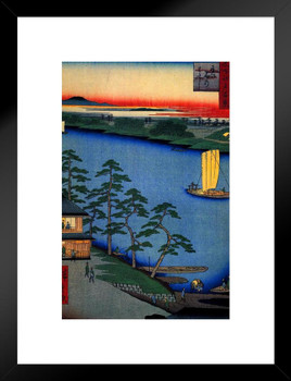 Utagawa Hiroshige Nijuku Ferry Japanese Art Poster Traditional Japanese Wall Decor Hiroshige Woodblock Landscape Artwork Boating Nature Asian Print Decor Matted Framed Art Wall Decor 20x26