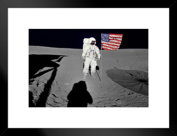 Astronaut Space Walk Moon American Flag United States Space Program Photograph Matted Framed Wall Art Print 20x26