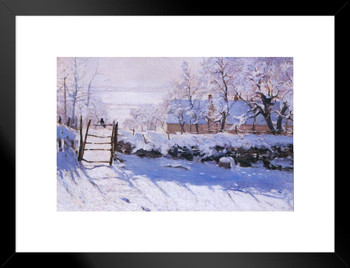 Claude Monet The Magpie Impressionist Painting Poster 1869 Nature Landscape Winter Snow With Bird On Fence Matted Framed Art Wall Decor 26x20