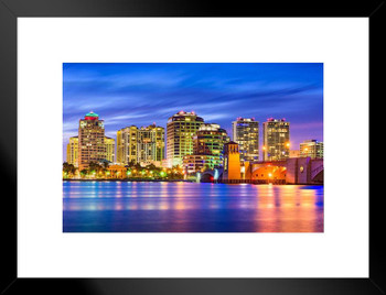 West Palm Beach Florida Skyline Illuminated at Dusk Photo Matted Framed Art Print Wall Decor 26x20 inch