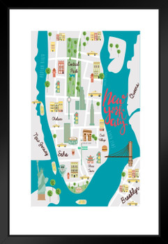 New York City Illustrated Map Travel World Map with Cities in Detail Map Posters for Wall Map Art Geographical Illustration Tourist Travel Destinations Matted Framed Art Wall Decor 20x26