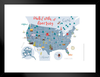 United States Of America Map With State Symbols US Map with Cities in Detail Map Posters for Wall Map Art Wall Decor Country Illustration Tourist Destinations Matted Framed Art Wall Decor 26x20