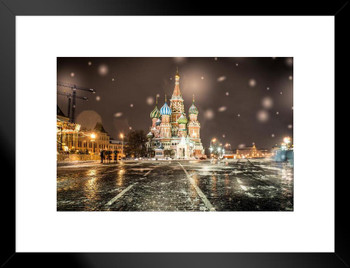 Saint Basils Cathedral Red Square Moscow at Night Photo Matted Framed Art Print Wall Decor 26x20 inch
