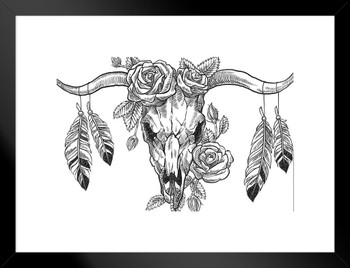 Bull Skull With Roses and Feathers Bull Pictures Wall Decor Longhorn Picture Longhorn Wall Decor Bull Picture of a Cow Skull Picture Bull Horns for Wall Matted Framed Art Wall Decor 20x26