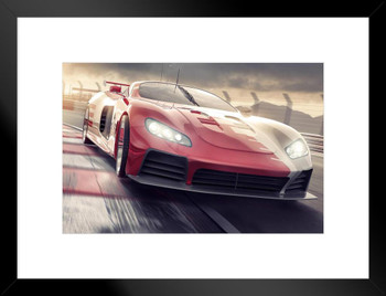 Sports Car Close Up Driving Fast On Racetrack At Sunset Photo Matted Framed Art Print Wall Decor 26x20 inch