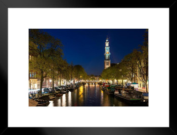 Westerkerk Church Tower At Canal Amsterdam Netherlands Photo Matted Framed Art Print Wall Decor 26x20 inch