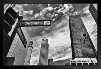 Chicago Michigan Avenue Street Sign Chicago Illinois Black and White Photo Art Print Matted Framed Wall Art 26x20 inch