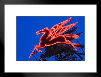 Neon Pegasus Sign Under Dusk Sky Magnolia Building Dallas Texas Photo Matted Framed Art Print Wall Decor 26x20 inch