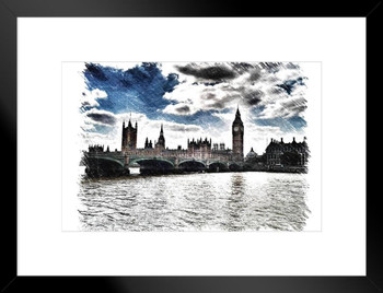 London England Thames River Big Ben House of Parliament Sketch Matted Framed Art Print Wall Decor 26x20 inch