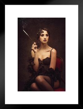 Sexy Retro Woman Smoking Cigarette in Black Lingerie Photo Matted Framed Art Print Wall Decor 20x26 inch