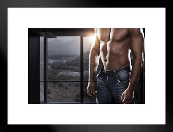 Hot Muscular Man with Rock Hard Abs at Home Photo Matted Framed Art Print Wall Decor 26x20 inch
