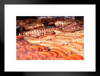 BBQ Barbecue Ribs and Sausages Smoking Over the Pit Photo Matted Framed Art Print Wall Decor 26x20 inch