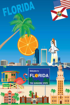 Laminated Florida The Sunshine State Travel Sites United States South Miami Beach Sunny Tourism Tourist Illustration Sunset Palm Landscape Pictures Ocean Scenic Scenery Poster Dry Erase Sign 12x18
