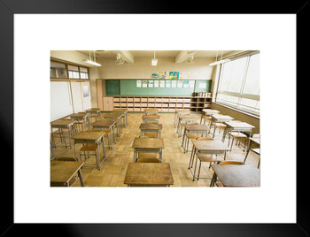 Desks And Chairs In Empty Classroom Chalk Board Photo Decorative Educational Teacher Learning Homeschool Chart Display Supplies Teaching Aide Matted Framed Art Wall Decor 20x26