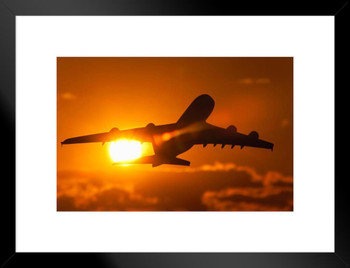 Airbus A380 Commercial Airplane Flying Into Sunset Photo Matted Framed Art Print Wall Decor 26x20 inch