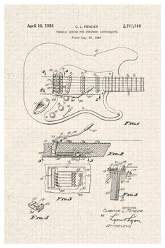 Famous Electric Guitar 1956 Official Patent Diagram Musical Stringed Instrument Tan Diagram Illustration Sketch Rock Roll Band Music Decoration Cool Wall Decor Art Print Poster 12x18