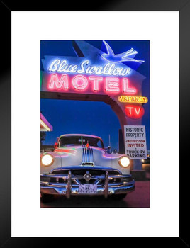 Vintage Pontiac in Motel Parking Lot at Night Photo Matted Framed Art Print Wall Decor 20x26 inch