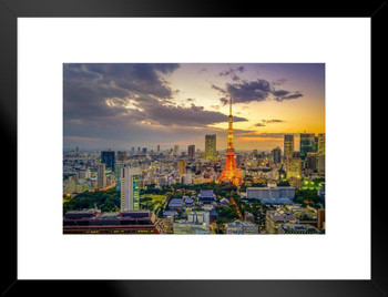 Sunset View of Tokyo Skyline Cityscape Japan Photo Photograph Beach Palm Landscape Pictures Ocean Scenic Scenery Tropical Nature Photography Paradise Scenes Matted Framed Art Wall Decor 26x20
