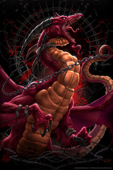 Unleashed Redux Red Dragon In Chains By Tom Wood Fantasy Poster Fierce Serpent Monster Cool Wall Art Print Poster 12x18