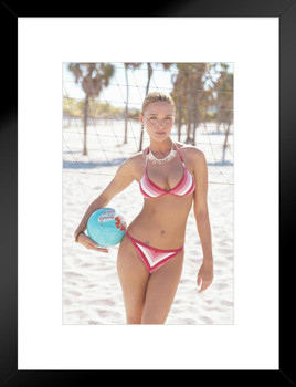 Sexy Girl in Bikini Holding Volleyball at Beach Photo Photograph Sunset Palm Landscape Pictures Ocean Scenic Scenery Tropical Nature Photography Paradise Sports Matted Framed Art Wall Decor 26x20