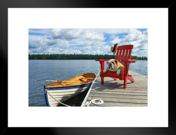 Dog Relaxing in Adirondack Chair on Wooden Dock by Lake Photo Art Print Matted Framed Wall Art 26x20 inch