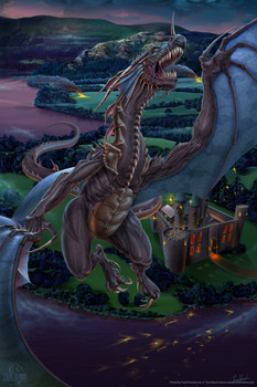 The Last Stand Dragon Flying From Castle by Tom Wood Fantasy Poster Medieval Village Battle Cool Wall Art Print Poster 12x18