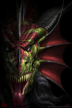 Lair of Shadows Evil Dragon Face by Tom Wood Fantasy Poster Red Green Dragon Fangs Mouth Closeup Cool Wall Art Print Poster 12x18