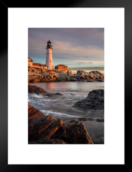 Sunrise Portland Head Lighthouse Cape Elizabeth Photo Matted Framed Art Print Wall Decor 20x26 inch