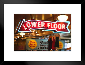 Neon Sign Lower Floor Pike Place Market Seattle Photo Matted Framed Art Print Wall Decor 26x20 inch