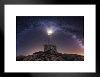 Milky Way Galaxy Illuminated Above a Lighthouse Photo Matted Framed Art Print Wall Decor 26x20 inch