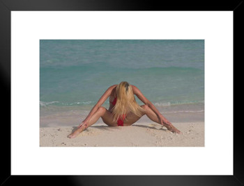 Young Hot Woman Sitting On Beach Stretching Photo Matted Framed Art Print Wall Decor 26x20 inch