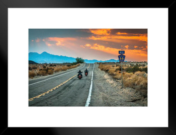 Biker Riding Motorcycle Sunset on Route 66 Photo Photograph Beach Palm Landscape Picture Ocean Scenic Tropical Nature Photography Paradise Highway Matted Framed Art Wall Decor 20x26