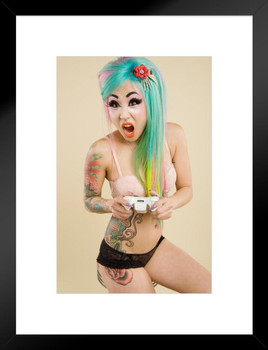 Hot Young Gamer in Lingerie Playing Video Games Photo Matted Framed Art Print Wall Decor 20x26 inch