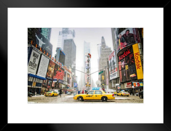 Three Yellow Cabs at Times Square New York City Photo Matted Framed Art Print Wall Decor 26x20 inch