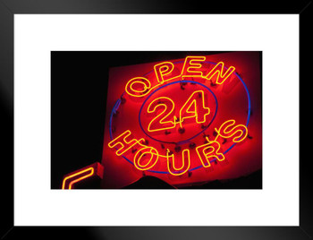 Illuminated Open 24 Hours Neon Sign Photo Matted Framed Art Print Wall Decor 26x20 inch