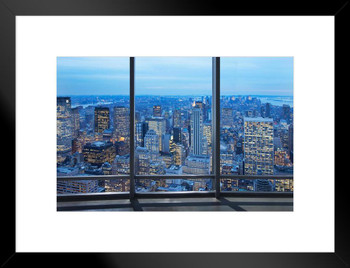 New York City Skyline Through Window at Dusk Photo Matted Framed Art Print Wall Decor 20x26 inch