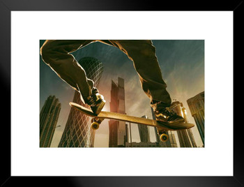 Young Man with Skateboard in a Modern City Photo Matted Framed Art Print Wall Decor 26x20 inch