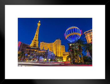 Las Vegas Strip at Twilight & Paris Hotel Casino Photo Matted Framed Art Print Wall Decor 26x20 inch