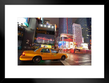 Yellow Tax Cab at Times Square New York City NYC Photo Matted Framed Art Print Wall Decor 26x20 inch