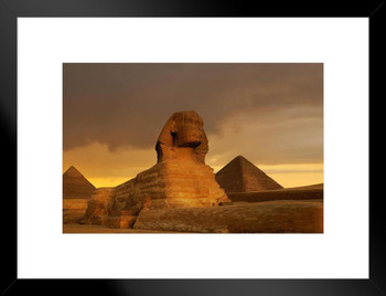 Sunset On Great Sphinx At Giza and Pyramid Complex Giza Necropolis Photo Photograph Ancient Egypt Ruins Monuments Desert Landscape Matted Framed Art Wall Decor 26x20